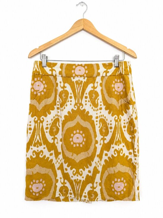 J. Crew Dresses & Skirts - J.Crew 100% Linen Mustard Yellow Ikat Print Pencil Skirt Women's Size 6